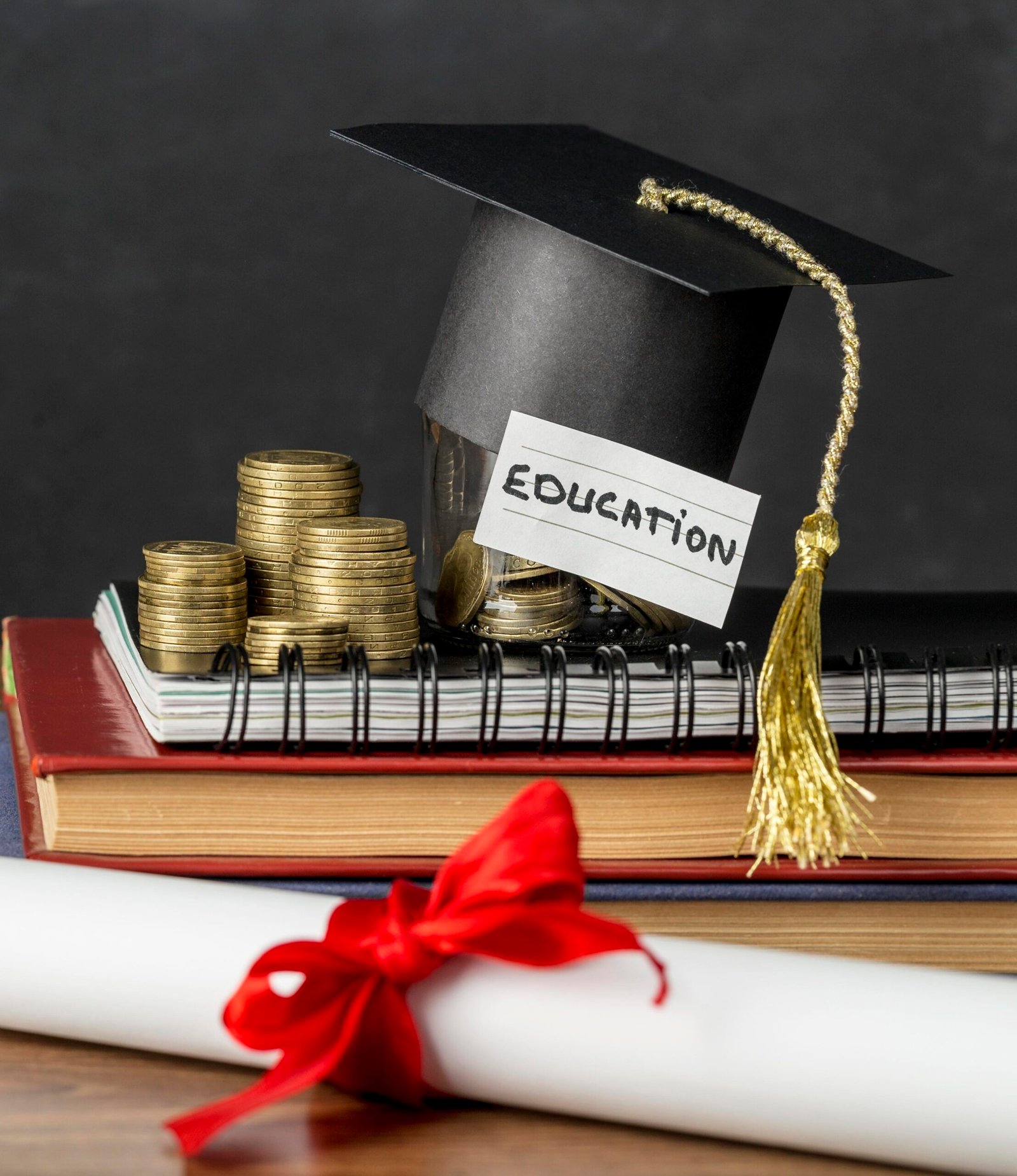 Graduation cap on an education savings jar, books and diploma