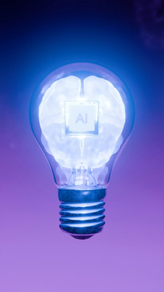 Artificial intelligence concept: light bulb with a glowing brain and AI chip